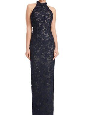 NWT Alexander by Daymor 3277S26 Halter Sleeveless Lace Dress Dark Navy size 4